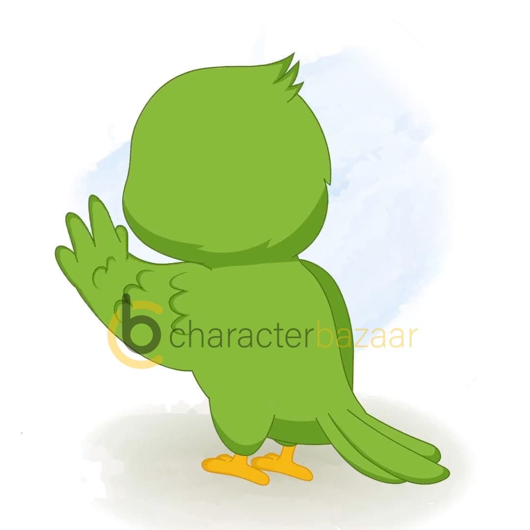 A green parrot saying hi in back view animated cartoon character vector AKA Mithu