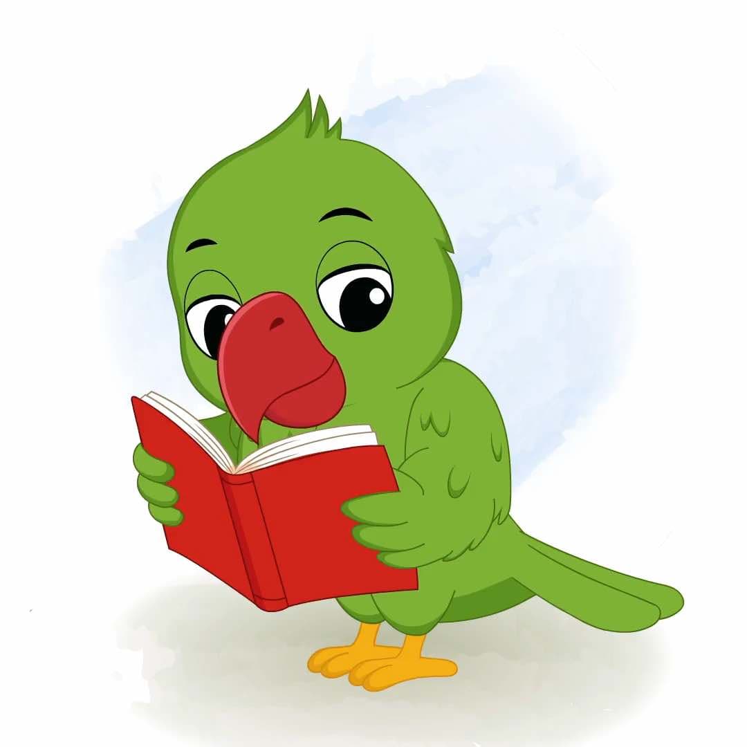 A green parrot reading book animated vector cartoon character AKA Mithu