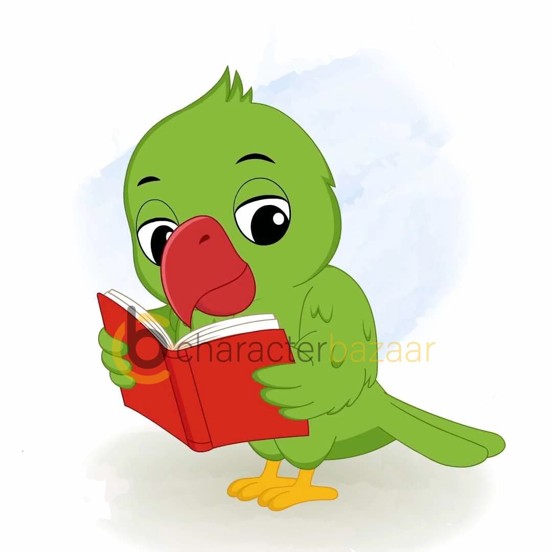 A green parrot reading book animated vector cartoon character AKA Mithu