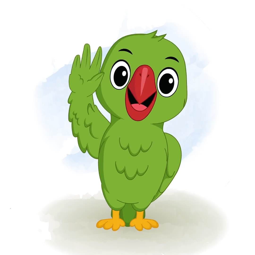A green parrot saying hi animated vector cartoon character AKA Mithu