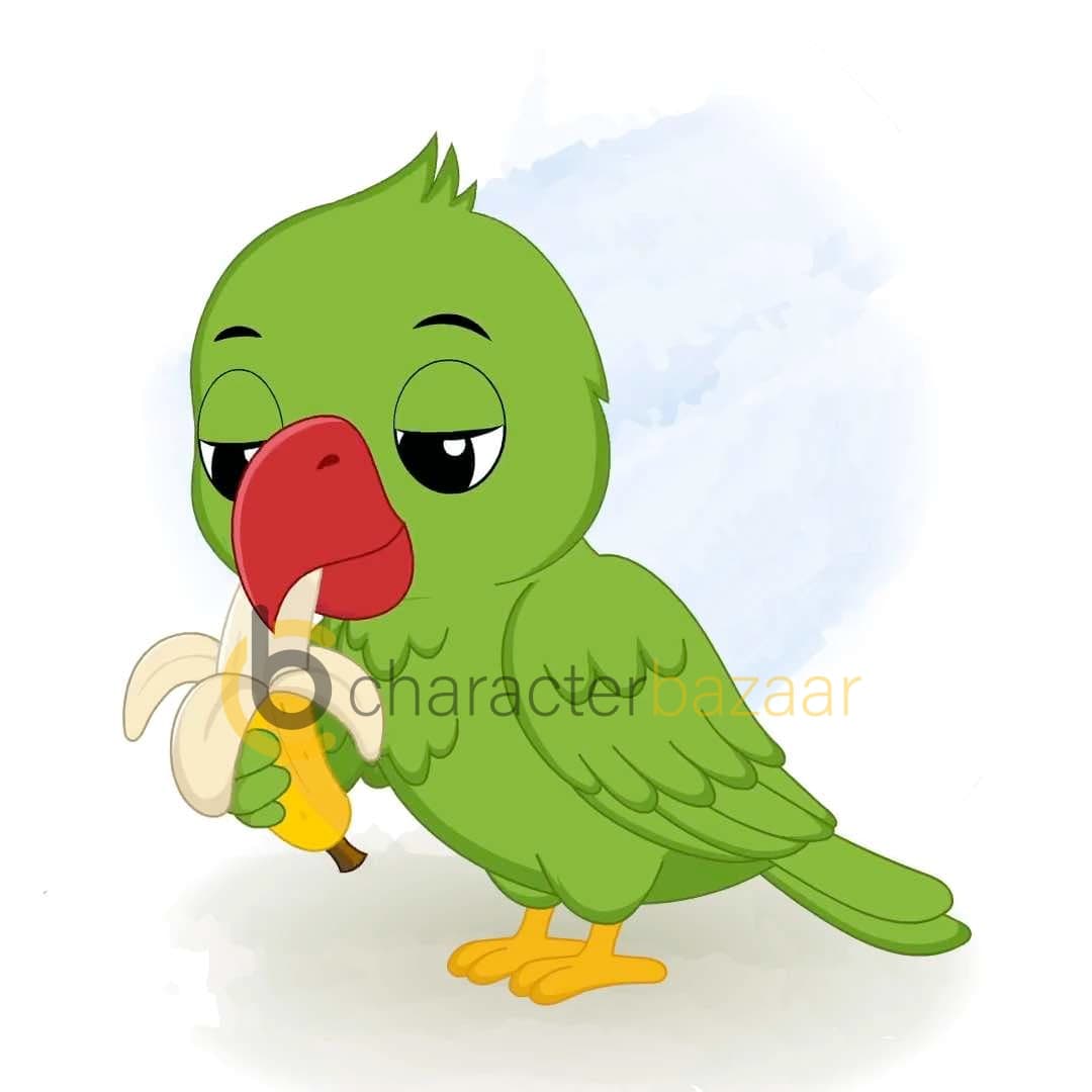 A green parrot eating banana animated vector cartoon character AKA Mithu