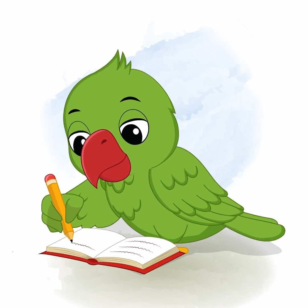 A green parrot writing in notebook animated vector cartoon character AKA Mithu