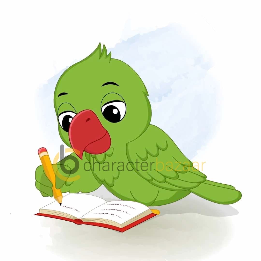 A green parrot writing in notebook animated vector cartoon character AKA Mithu