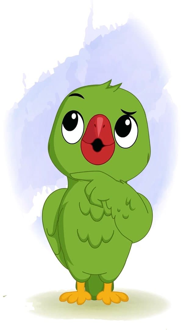 A confused green parrot animated vector cartoon character AKA Mithu