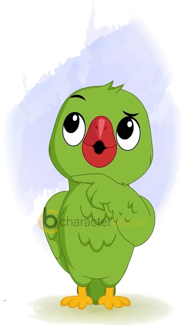 A confused green parrot animated vector cartoon character AKA Mithu