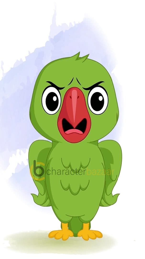 An angry green parrot animated vector cartoon character AKA Mithu