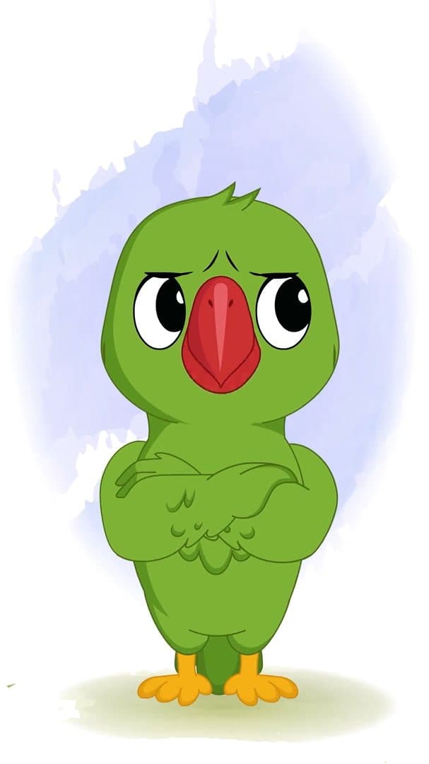 An annoyed green parrot animated vector cartoon character AKA Mithu