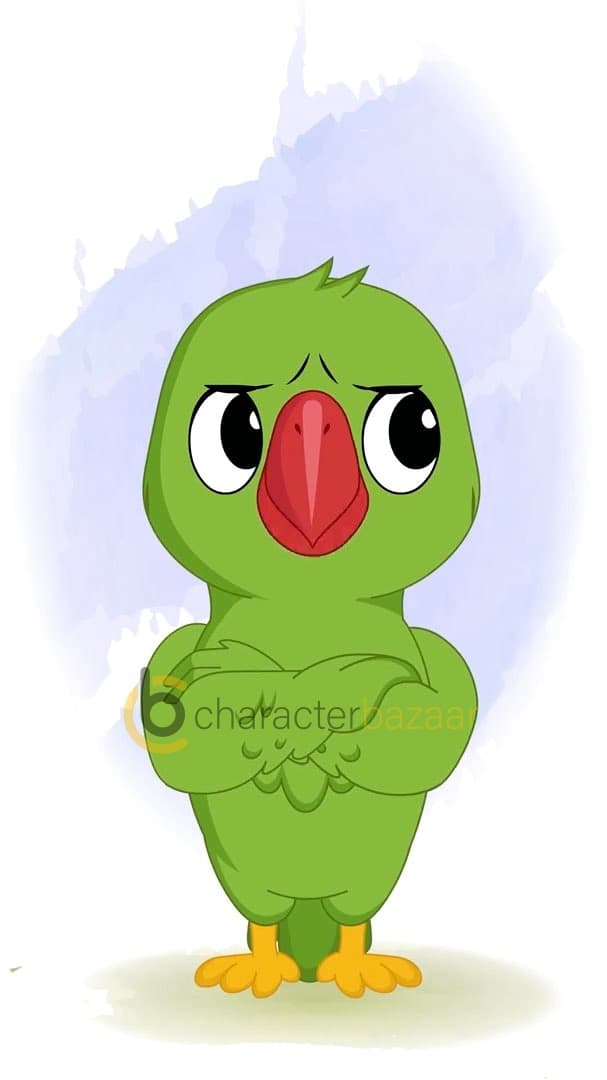 An annoyed green parrot animated vector cartoon character AKA Mithu