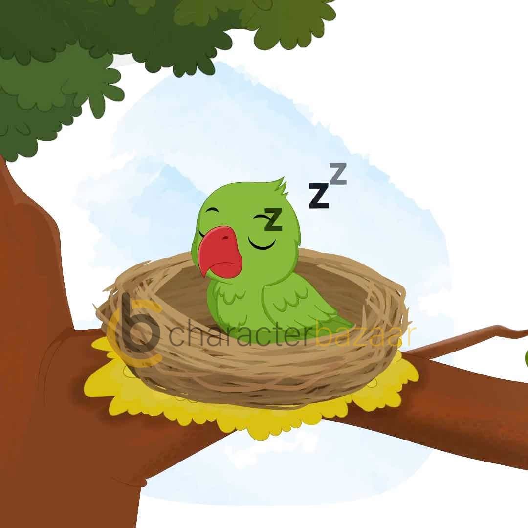 A green parrot sleeping animated vector cartoon character AKA Mithu