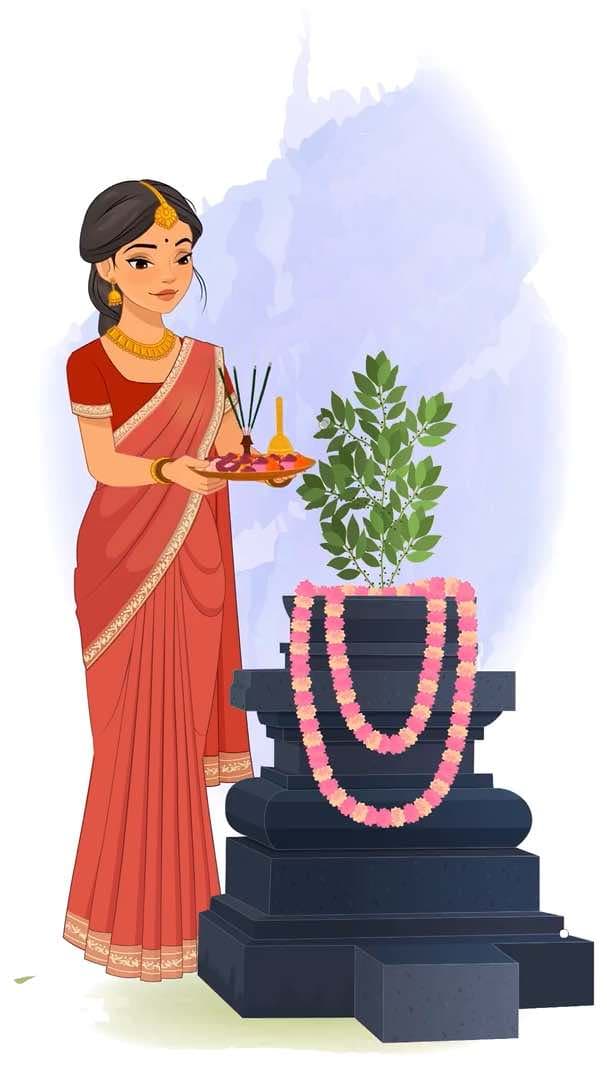 A beautiful Indian lady doing tulsi puja animated vector cartoon character AKA Bhoomika