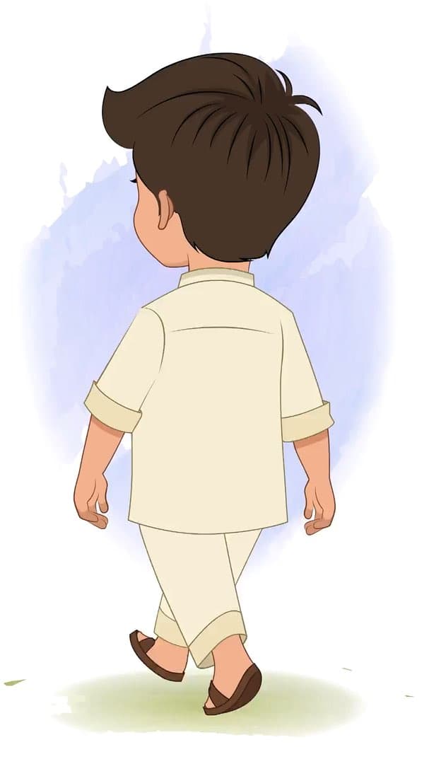 A boy in kurta pajama walking in back third view animated vector cartoon character AKA Aryan