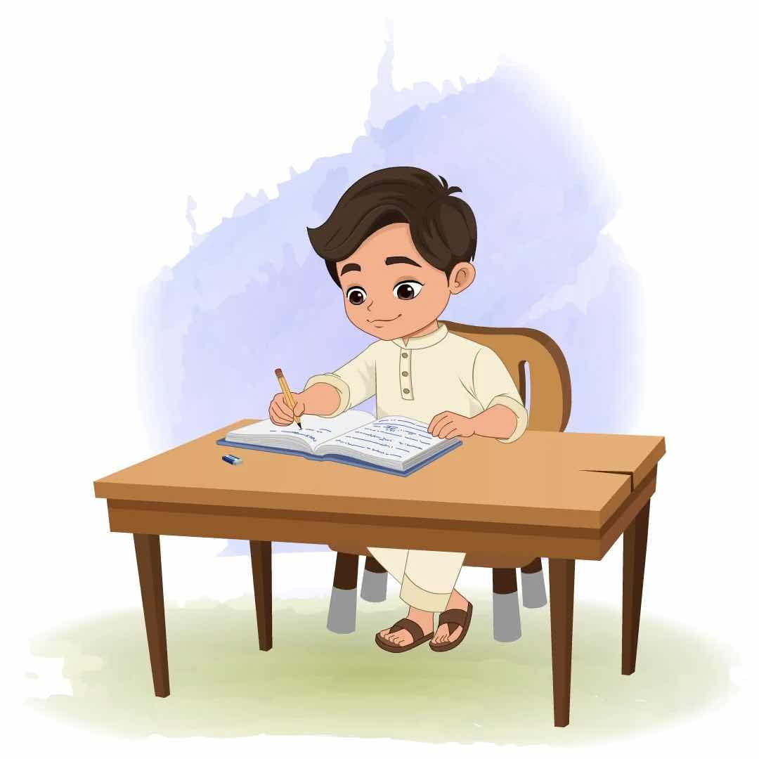 A boy in kurta pajama writing in notebook animated vector cartoon character AKA Aryan