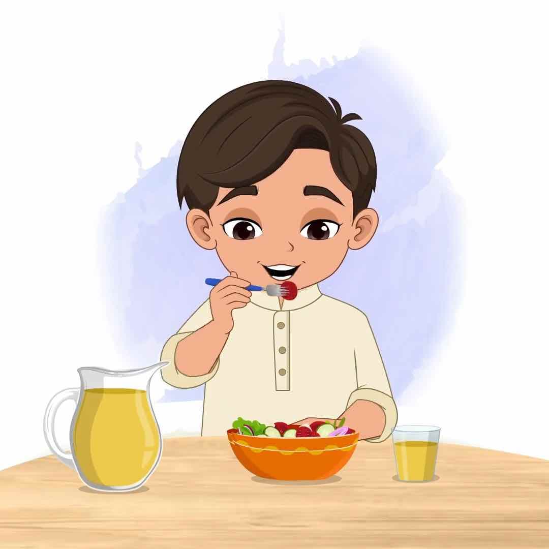 A boy in kurta pajama eating fruits animated vector cartoon character AKA Aryan