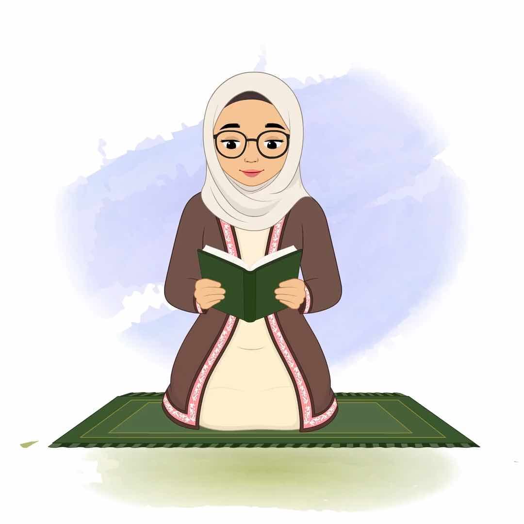 A muslim woman reading Quran animated vector cartoon character AKA Fatima