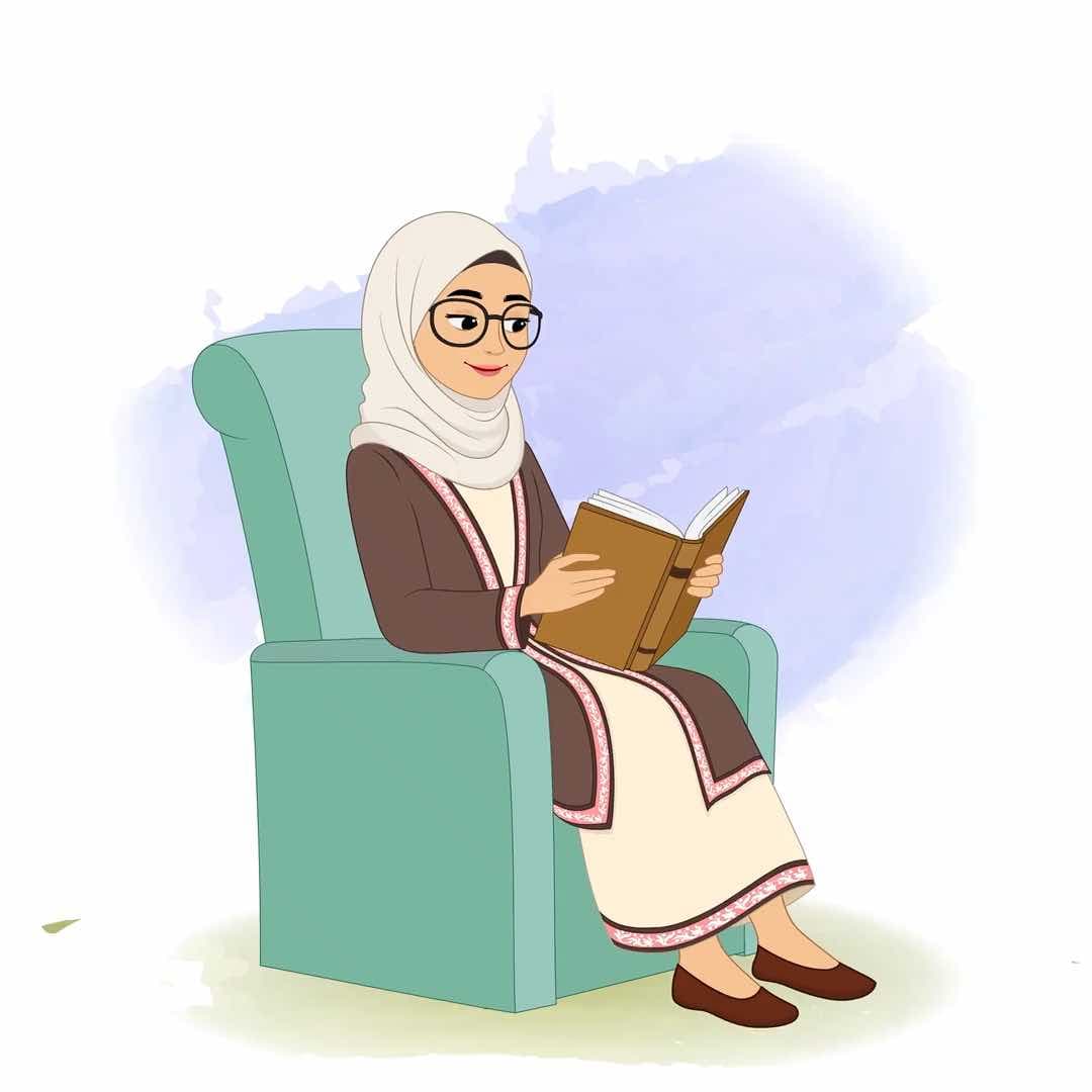 A Muslim woman reading a book animated vector cartoon character AKA Fatima