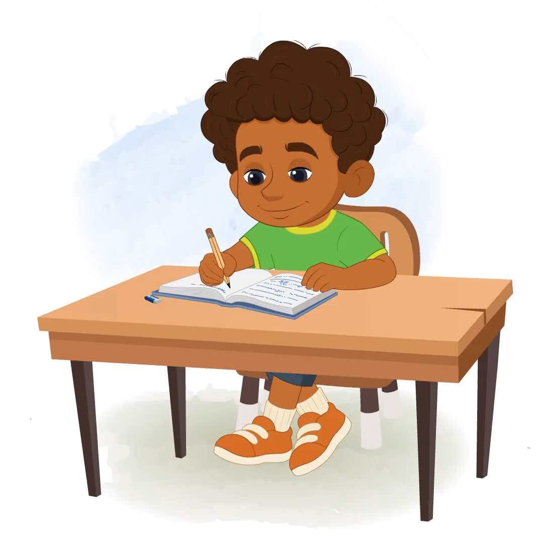 A curly hair boy writing in notebook animated vector cartoon character AKA Jay