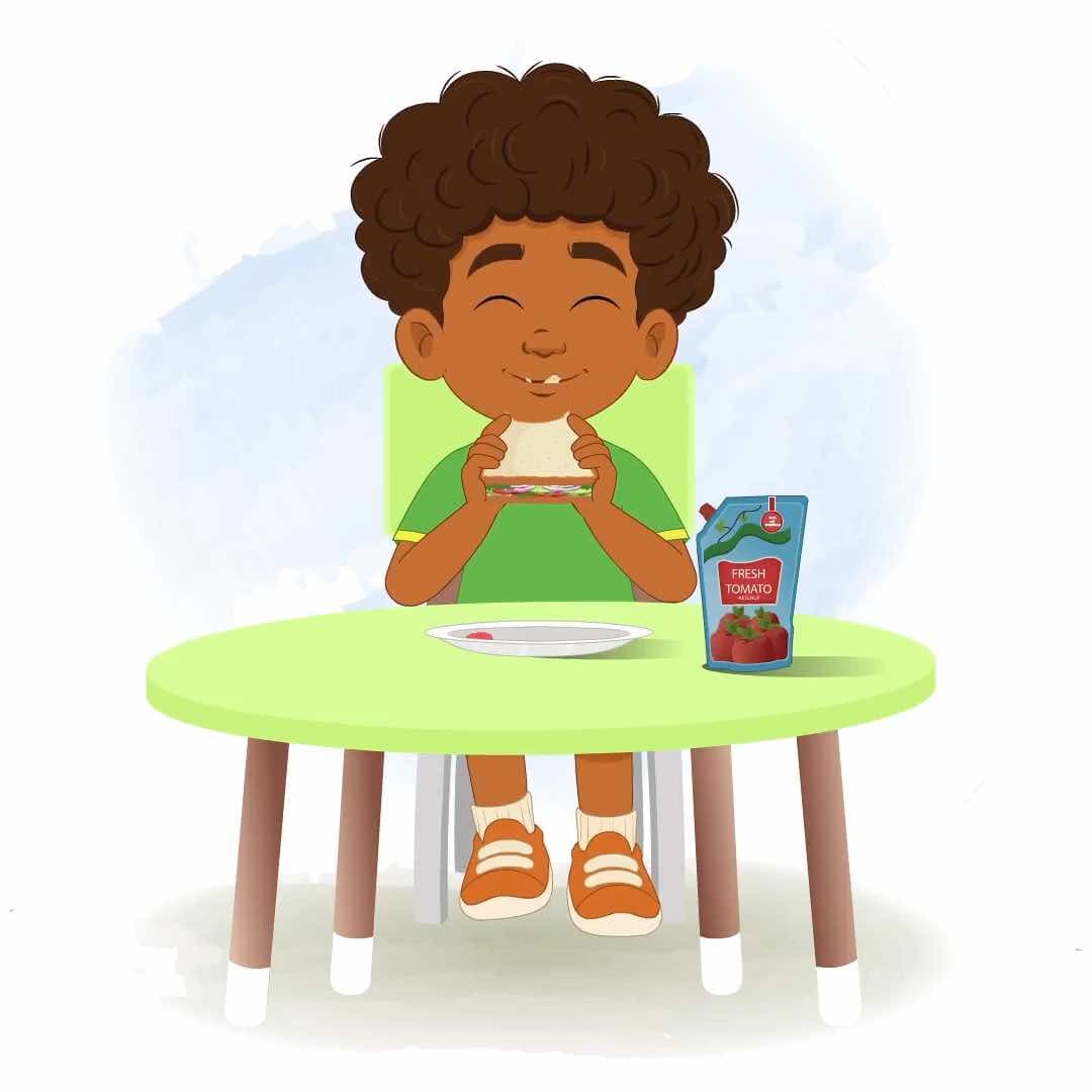 A curly hair boy eating sandwich animated vector cartoon character AKA Jay