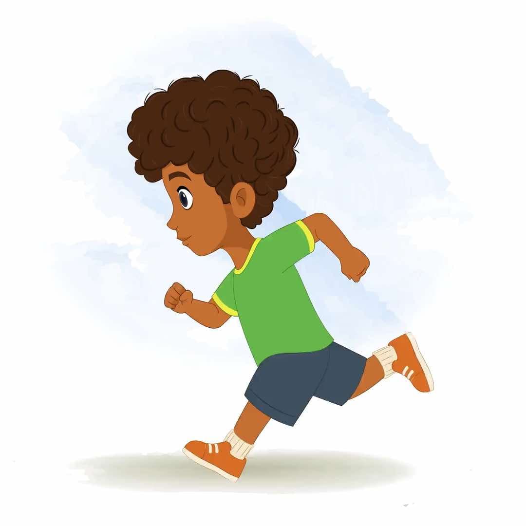 A curly hair boy side running animated vector cartoon character AKA Jay
