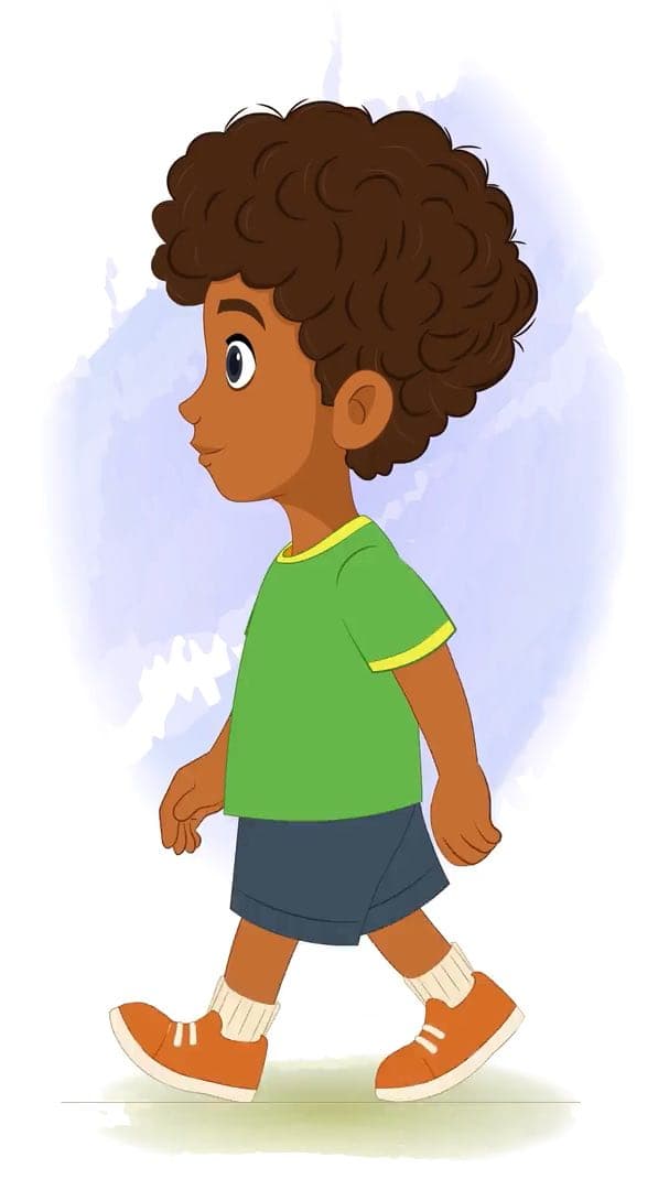 A curly hair boy side walking animated vector cartoon character AKA Jay