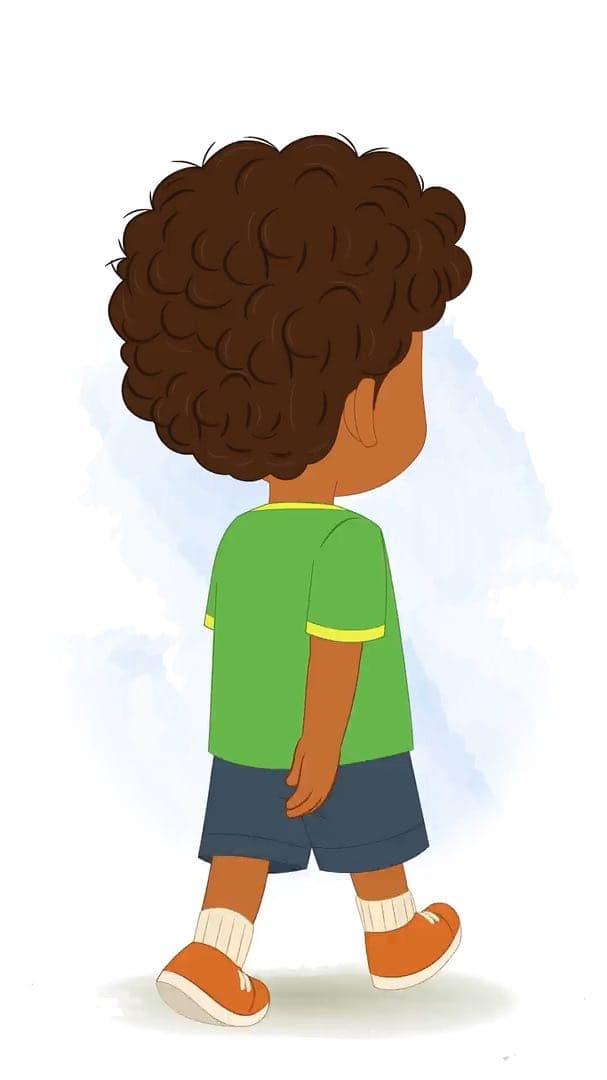 A curly hair boy walking in one third view animated vector cartoon character AKA Jay