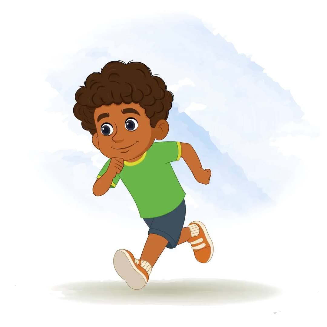 A curly hair boy running in one third view animated vector cartoon character AKA Jay