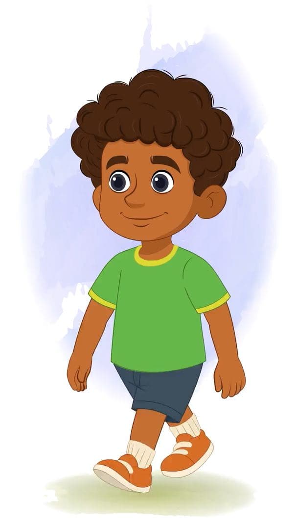 A curly hair boy walking animated vector cartoon character AKA Jay