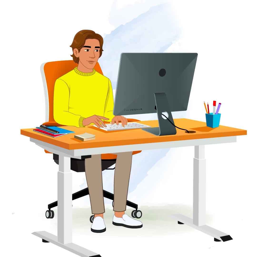 A handsome man in casual clothes working on computer animated vector cartoon character AKA Chris
