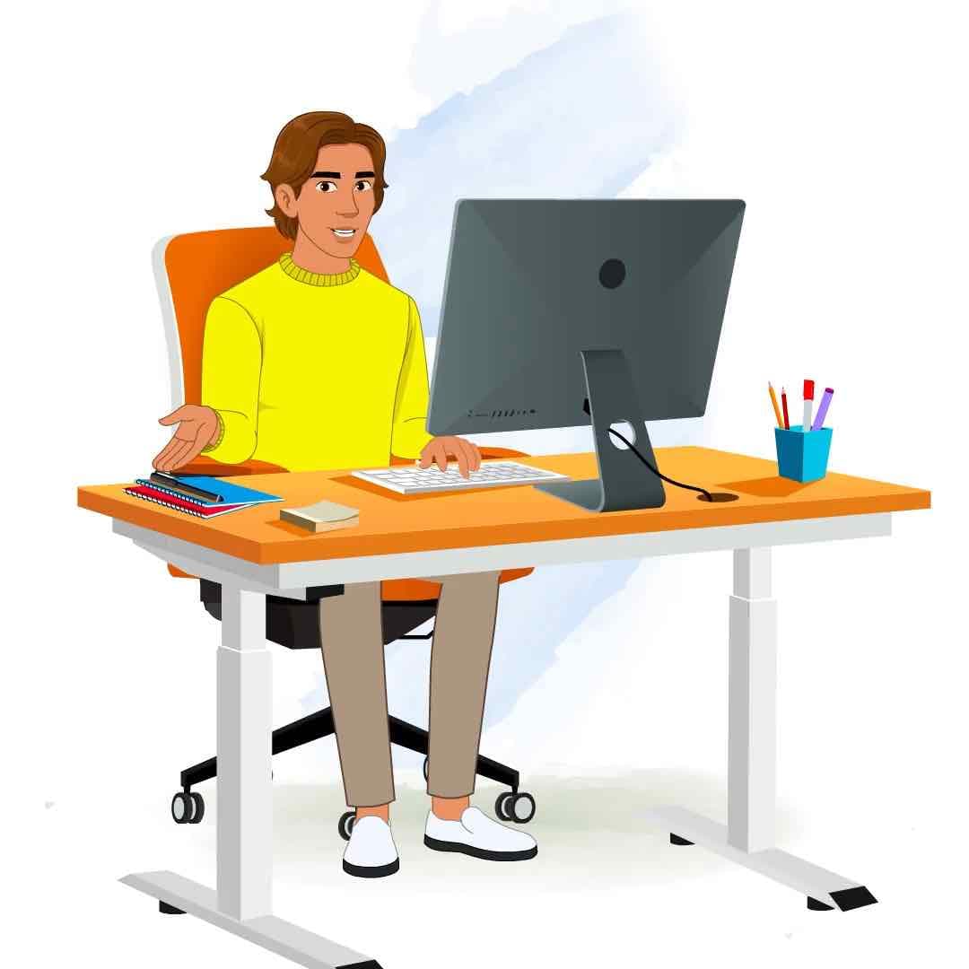 A handsome man in casual clothes talking while working on computer animated vector cartoon character AKA Chris