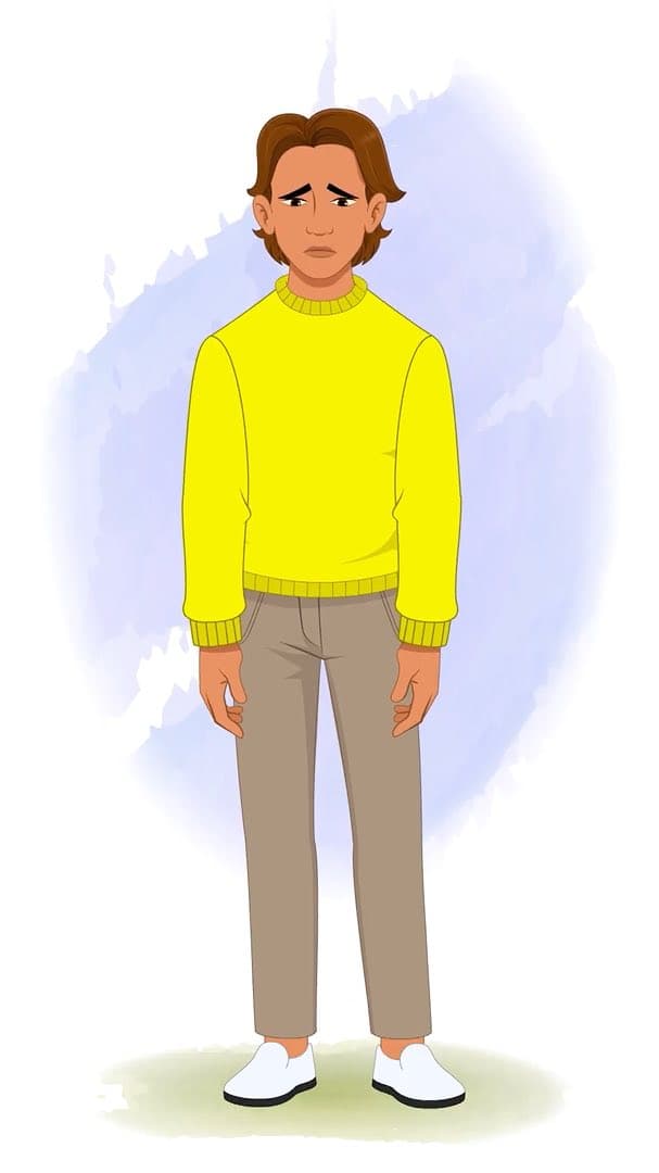 A sad handsome man in casual clothes animated vector cartoon character AKA Chris