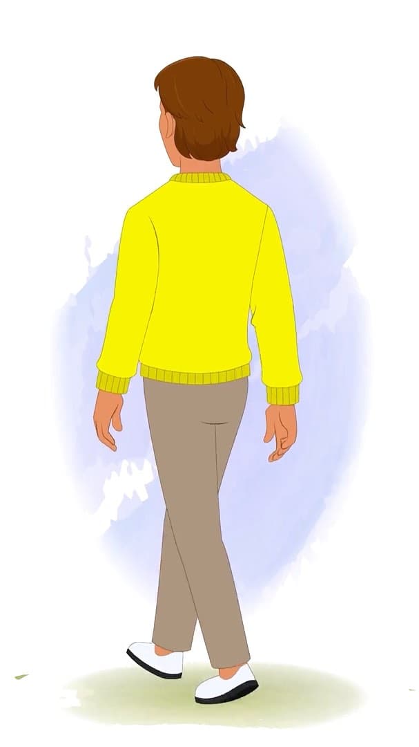 A handsome man in casual clothes walking in back third view animated vector cartoon character AKA Chris