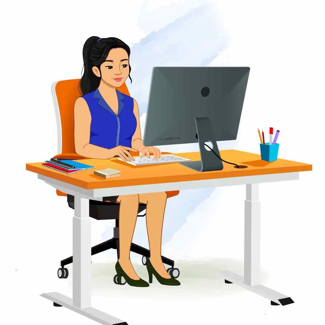 A female employee working on computer animated vector cartoon character AKA Sophia