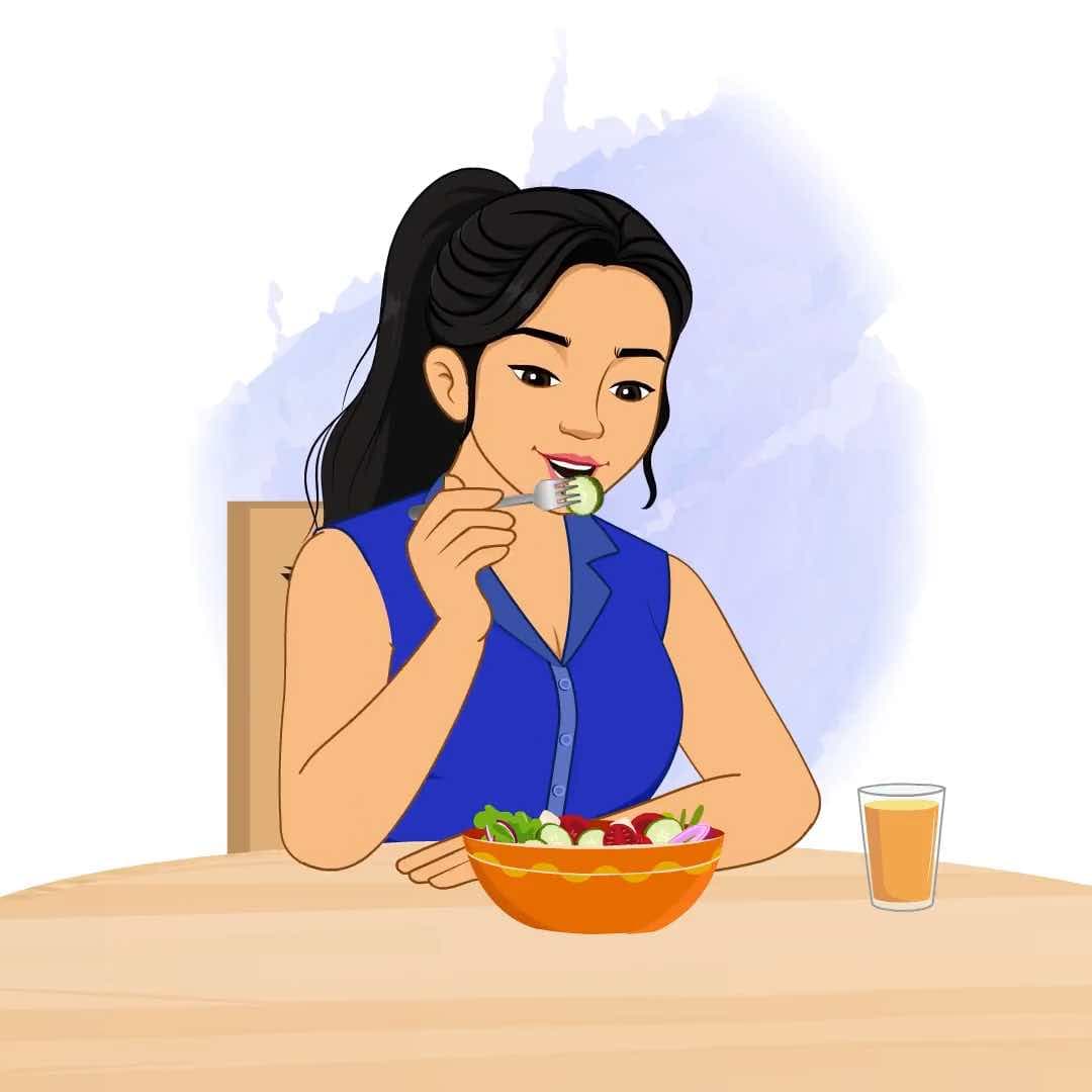 A female employee eating fruits animated vector cartoon character AKA Sophia