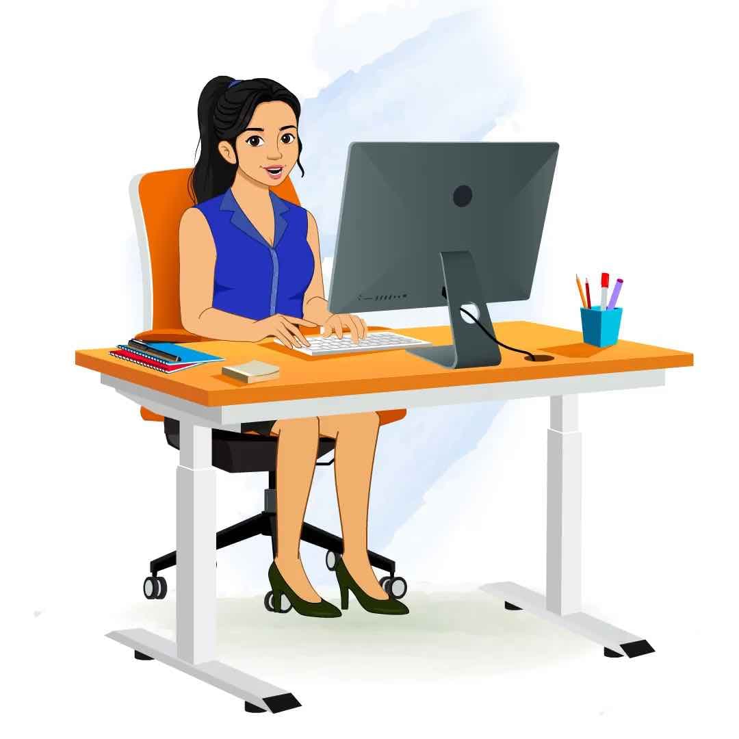 A female employee talking while working on computer animated vector cartoon character AKA Sophia