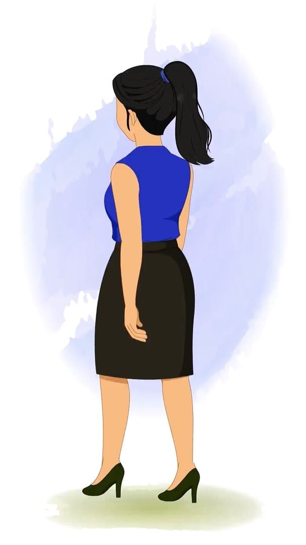 A female employee walking in back third view animated vector cartoon character AKA Sophia