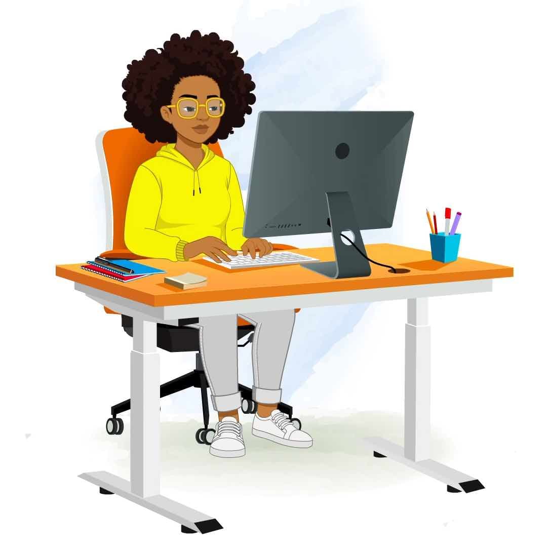 An african american woman working on computer animated vector cartoon character aka Sofia
