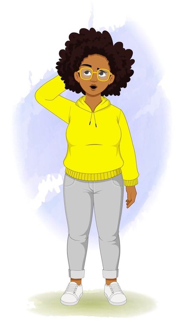 A front confused african american woman animated vector cartoon character aka Sofia