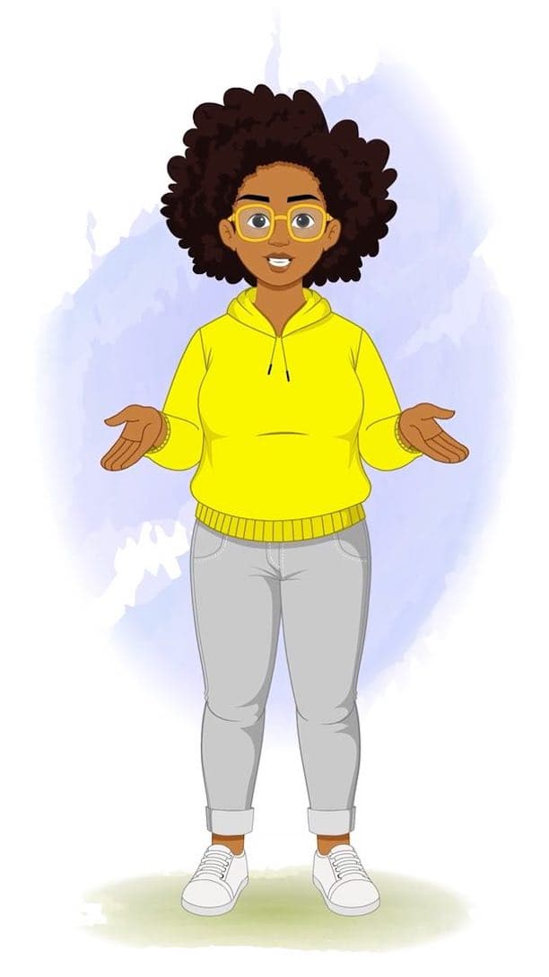 An african american woman front talking animated vector cartoon character aka Sofia
