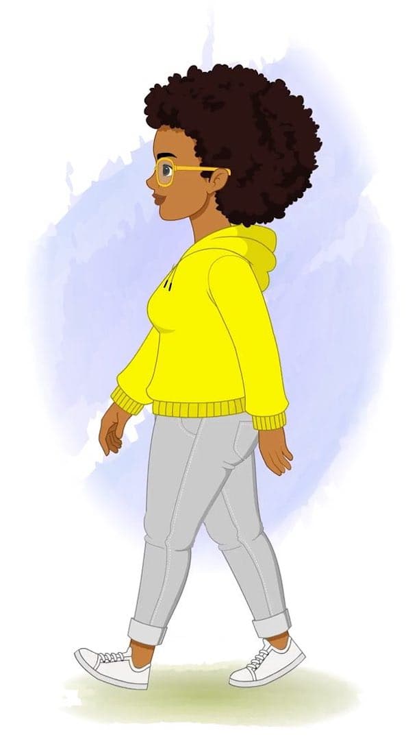 An african american animated Woman Walking full Side View 2D Character Walk Cycle aka Sofia