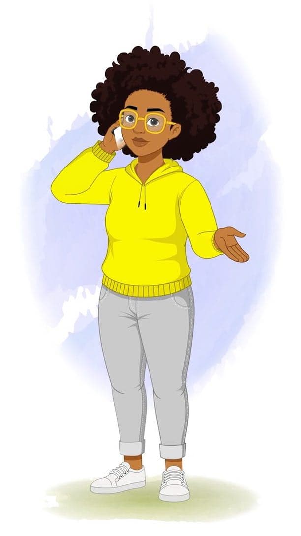 An african american animated Woman Talking on Mobile Phone 2D Vector Character aka Sofia