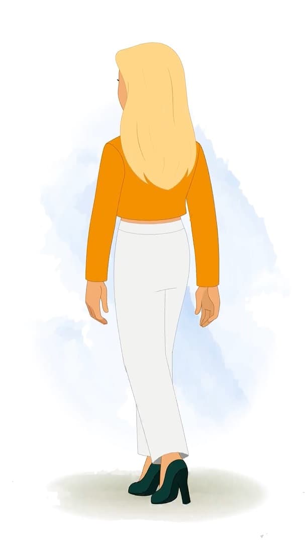 A pretty American woman walking in back third view animated vector cartoon character AKA Georgia