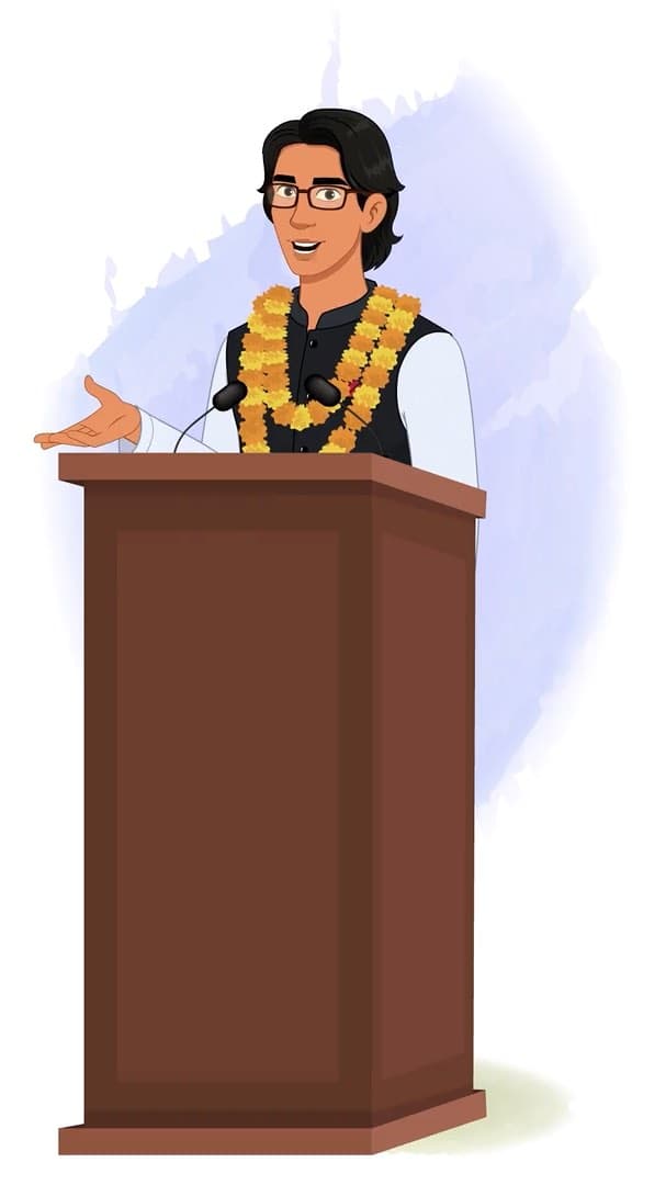 An Indian Politician speaking on podium animated vector cartoon character AKA Rajiv
