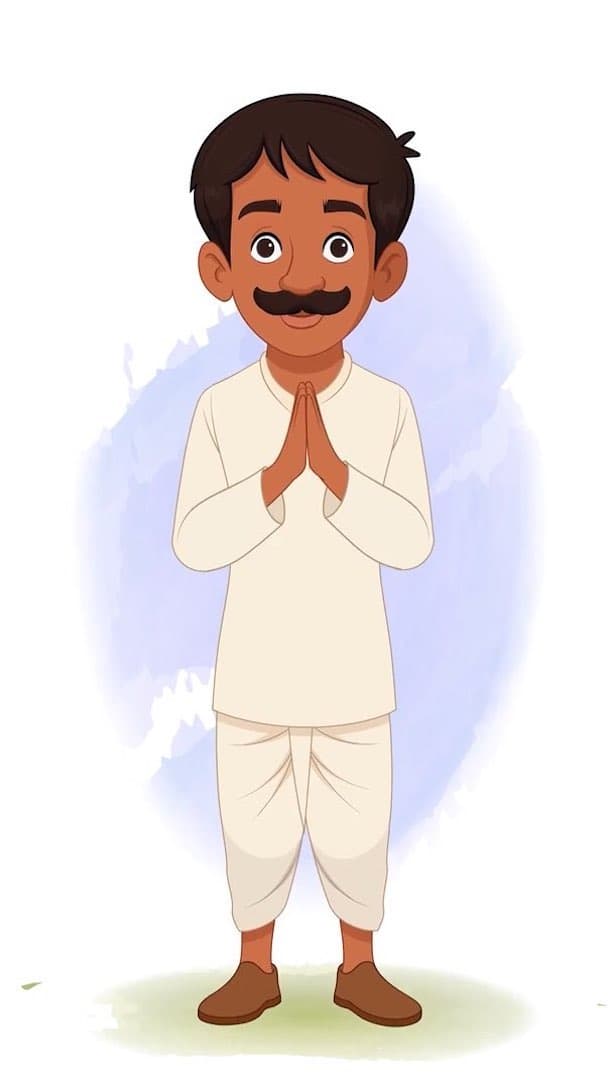 A young Indian village man greeting animated vector cartoon character AKA Kishore Kumar
