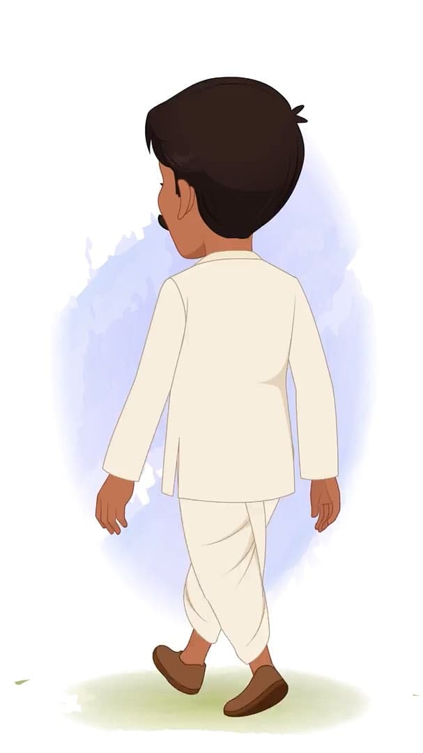 A young Indian village man walking in back third view animated vector cartoon character AKA Kishore Kumar