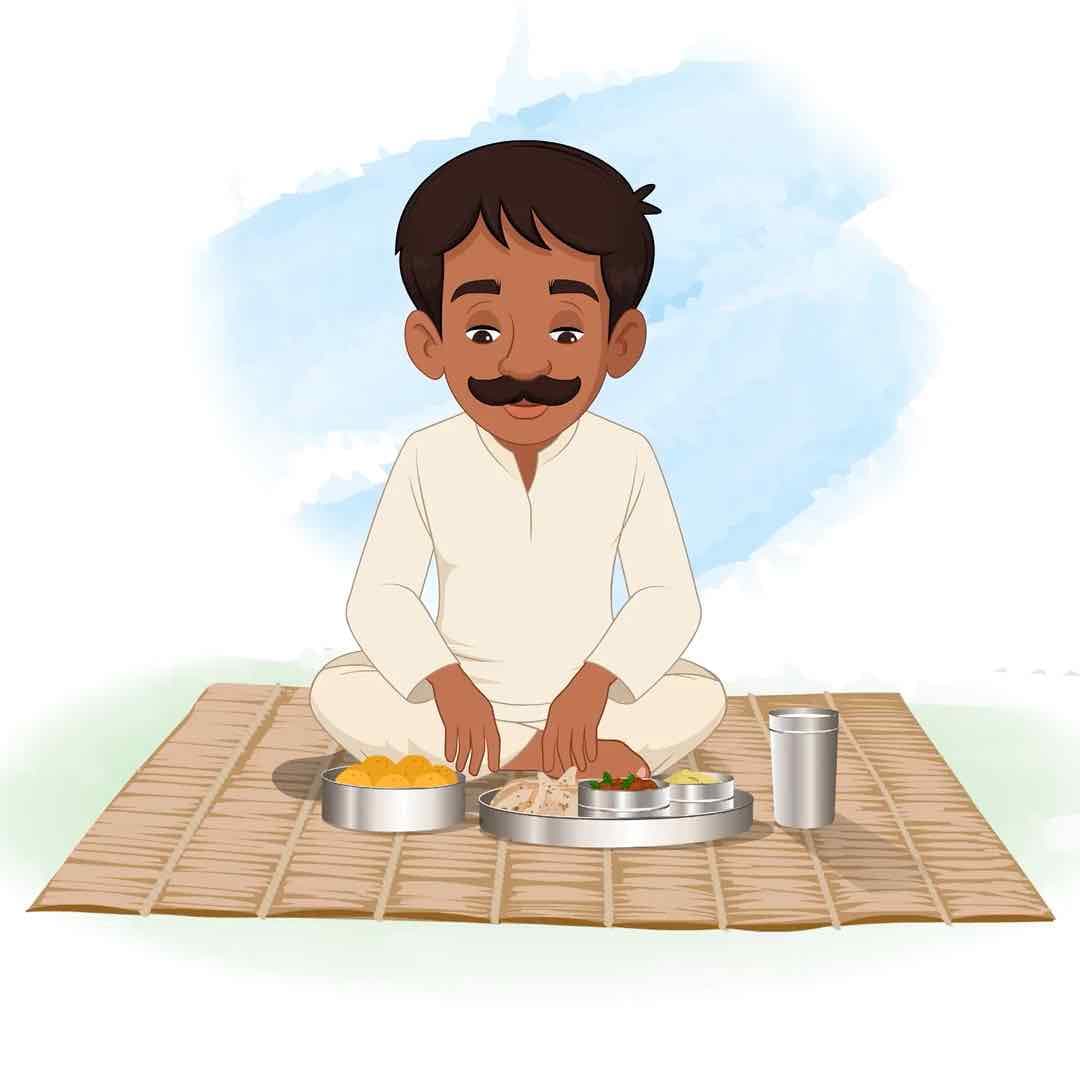A young Indian village man eating animated vector cartoon character AKA Kishore Kumar