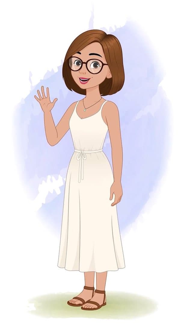 A gorgeous woman in white dress saying hi animated vector cartoon character AKA Natasha