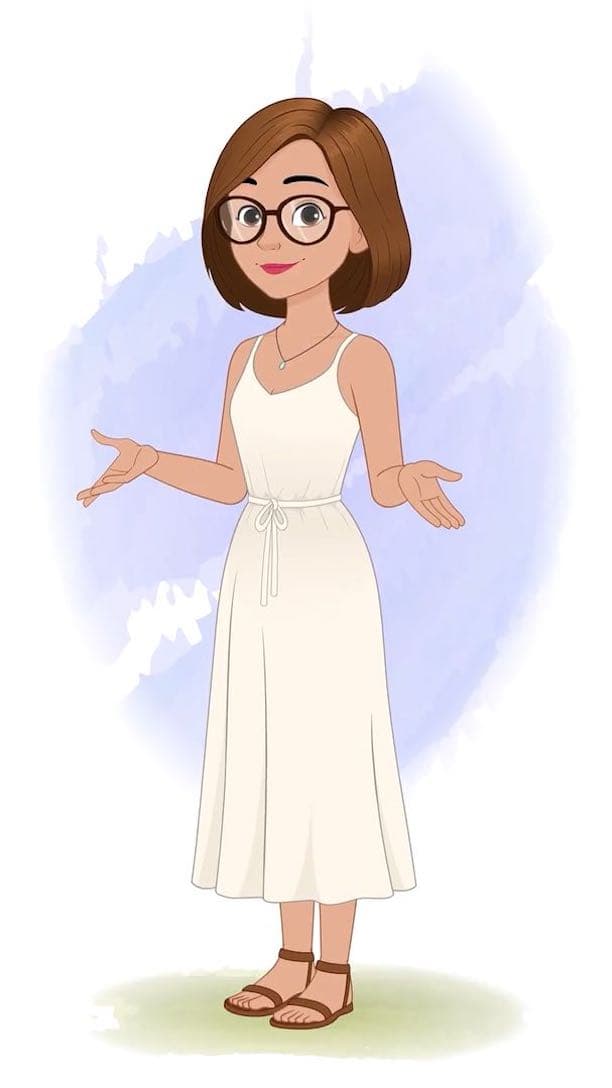 A gorgeous woman in white dress talking animated vector cartoon character AKA Natasha