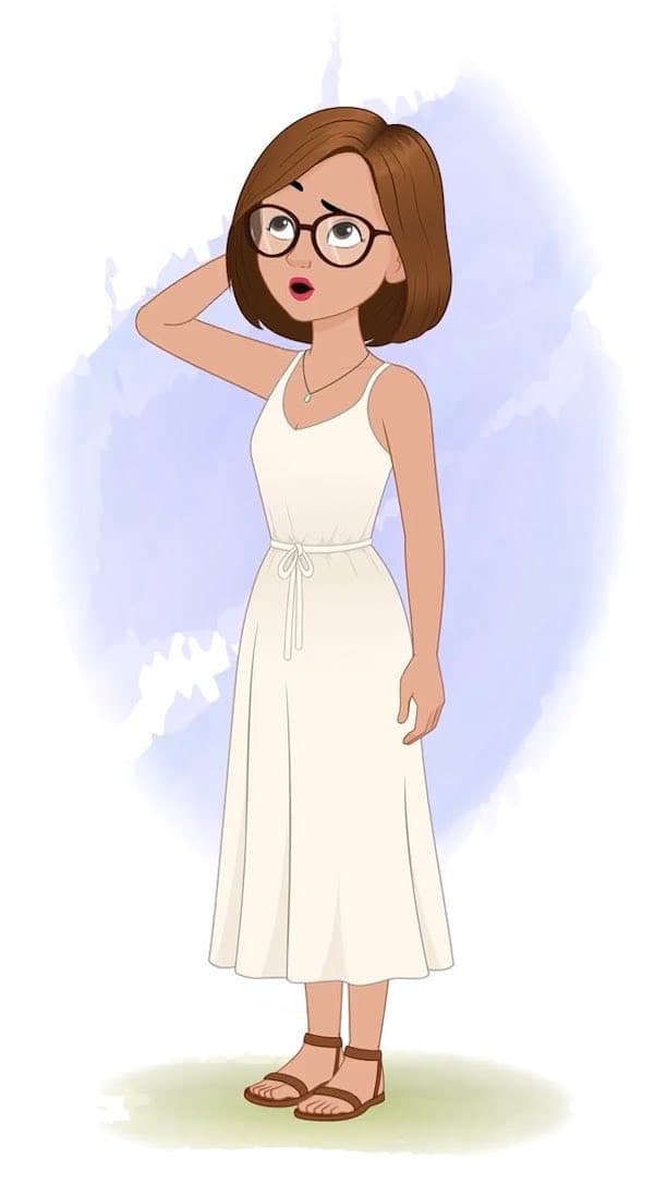 A confused gorgeous woman in white dress animated vector cartoon character AKA Natasha