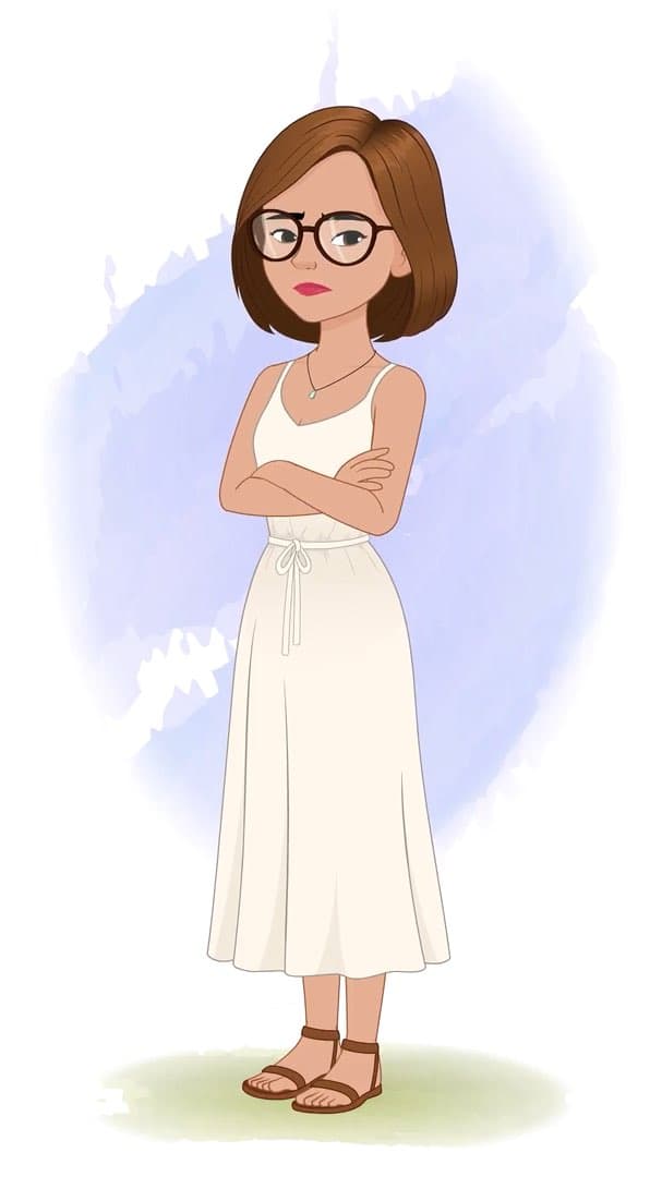 An annoyed gorgeous woman in white dress animated vector cartoon character AKA Natasha