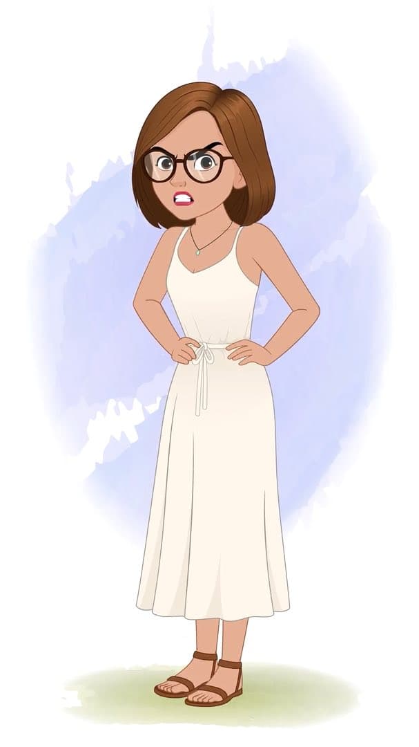 An angry gorgeous woman in white dress animated vector cartoon character AKA Natasha