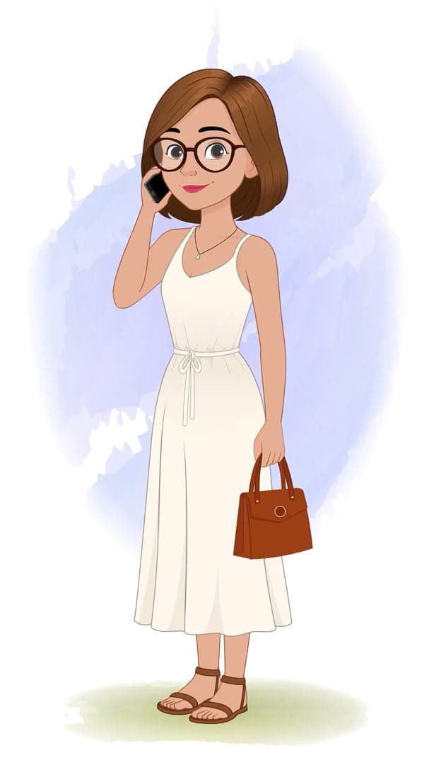 A gorgeous woman in white dress talking on phone animated vector cartoon character AKA Natasha